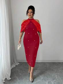 Elenzga Plus Size Women Cold Shoulder Metallic Foil Sleeveless Bodycon Dress, Elegant And Chic - Red - View 3