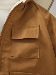 SHEIN 1 件年轻男孩休闲风格卡其色加厚白色羊毛连帽长袖连体裤，简约时尚个性化百搭，适合 4-7 岁男孩日常休闲装返校季