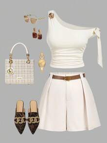 SHEIN MOD 大码女式 70 年代复古桃色褶皱百慕大短裤，附赠棕色皮带 - 波西米亚、西部、垃圾朋克风格，非常适合度假、节日和休闲穿着 - 杏色 - 查看 1