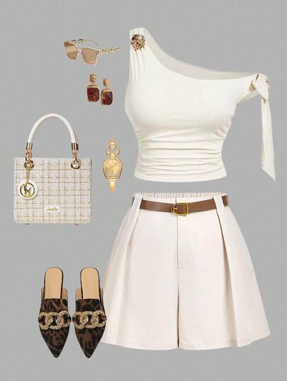 SHEIN MOD Plus Size Women 70s Retro Peach Pleated Bermuda Shorts With Complimentary Brown Leather Belt - Bohemian, Western, Grunge Punk Style, Perfect For Vacations, Holidays, And Casual Wear.Shorts For Autumn/Winter. Cream Shorts High Waisted Shorts,Elegant  Outfits,Fall Clothes For Women