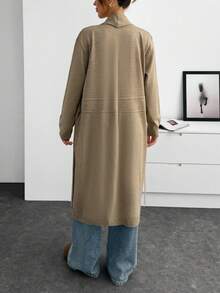 EURMUSE 女士纯色落肩长袖口袋休闲长款开衫 - 米色 - 查看 6