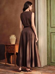 Anewsta Bộ 2 áo dài tay in họa tiết và quần short cho nữ - màu nâu - Xem 2