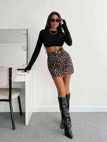 SHEIN Tall Women's Leopard Print High Waist Mini Skirt Leopard Skirt Two Piece Skirt Set Cheetah Print Skirt 2 Piece Outfit Women - Dark Wash - View 1