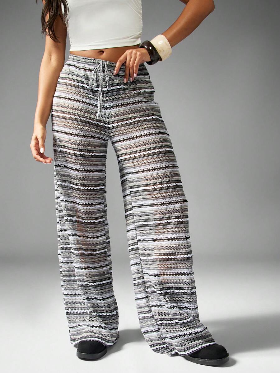 MISSGUIDED 钩针阔腿沙滩裤度假装夏季度假罩衫波西米亚风针织阔腿裤假日沙滩装节日服装 - 黑色 - 查看 1