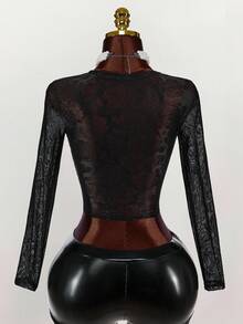 Amplova Women's Hollow-Out Design Round Neck Long Sleeve Sexy Fitted Lace Blouse