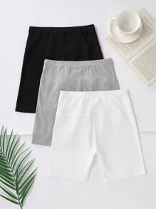 SHEIN 3件組青少年女孩純色黑色、白色、淺灰色短款緊身褲 開學季時尚短款緊身褲 - 黑與白 - 查看 2
