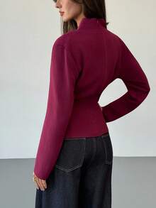 Aloruh 女士休闲/办公纯色不对称下摆裹身衬衫，适合秋季穿着，适合所有女性，秋季女装，教师款，商务休闲女装，商务休闲女装，商务休闲女装，秋季女装，酒红色深V腰部不对称褶裥显瘦气质办公通勤长袖衬衫，优雅女式衬衫，时尚女式衬衫，酒红色上衣，优雅女式衬衫 - 酒紅色 - 查看 4