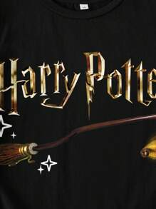 HARRY POTTER X SHEIN Camiseta de manga corta con gráfico de letras informal para niño preadolescente, adecuada para el verano - Negro - Ver 3