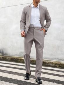 Manfinity Mode Conjunto de traje de hombre con blazer de cuello solapa y pantalones, de unicolor, de manga larga - Marrón - Ver 3
