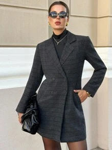 Lavishia 灰色格子羊毛翻领长袖大衣，时尚百搭，适合秋冬季日常通勤、办公室工作穿着。 - 灰色 - 查看 1