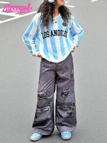 SHEIN Explorewe Streecool 儿童休闲校园风格青少年女孩秋冬舒适时尚运动别致字母和数字印花 V 领棒球夹克和宽松图案印花阔腿裤 2 件套