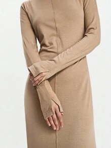 Lumivelle Vestido ajustado de cuello alto y unicolor con diseño en los hombros para mujer - Caqui - Ver 4