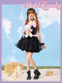 Dola Lovely 新款女式欧美风格靴子，前系带，侧拉链，蝴蝶结装饰，复古圆头，甜美酷炫，厚底，时尚踝靴 - 黑色 - 查看 2