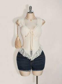 SHEIN ICON Áo ba lỗ buộc dây ren tương phản cỡ lớn cho nữ mặc hàng ngày - Màu be - Xem 6