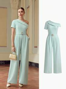 ZEYLAH Women's Solid Color Oblique Shoulder Pleated Design Pocket Wide Leg Elegant Jumpsuit - Green - View 7