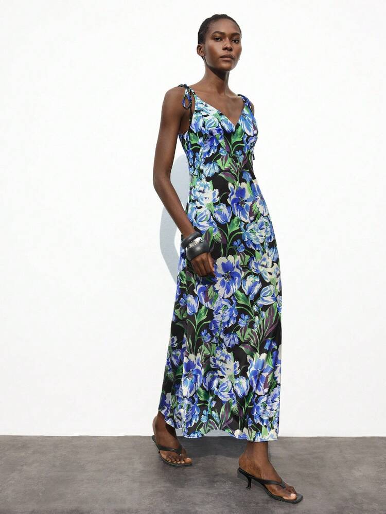 SHEIN Maija Women's U-Neck Strap Tie Waist Elegant Floral Print Satin Maxi Dress, Casual Vacation Dress Suitable For Commuting, Business, Office, Teacher, Halloween, Christmas Party, Beach Resort  Elegant Dresses For Party  Elegant Dresses For Women Elegant Dresses For Party  Beach Outfits For Women