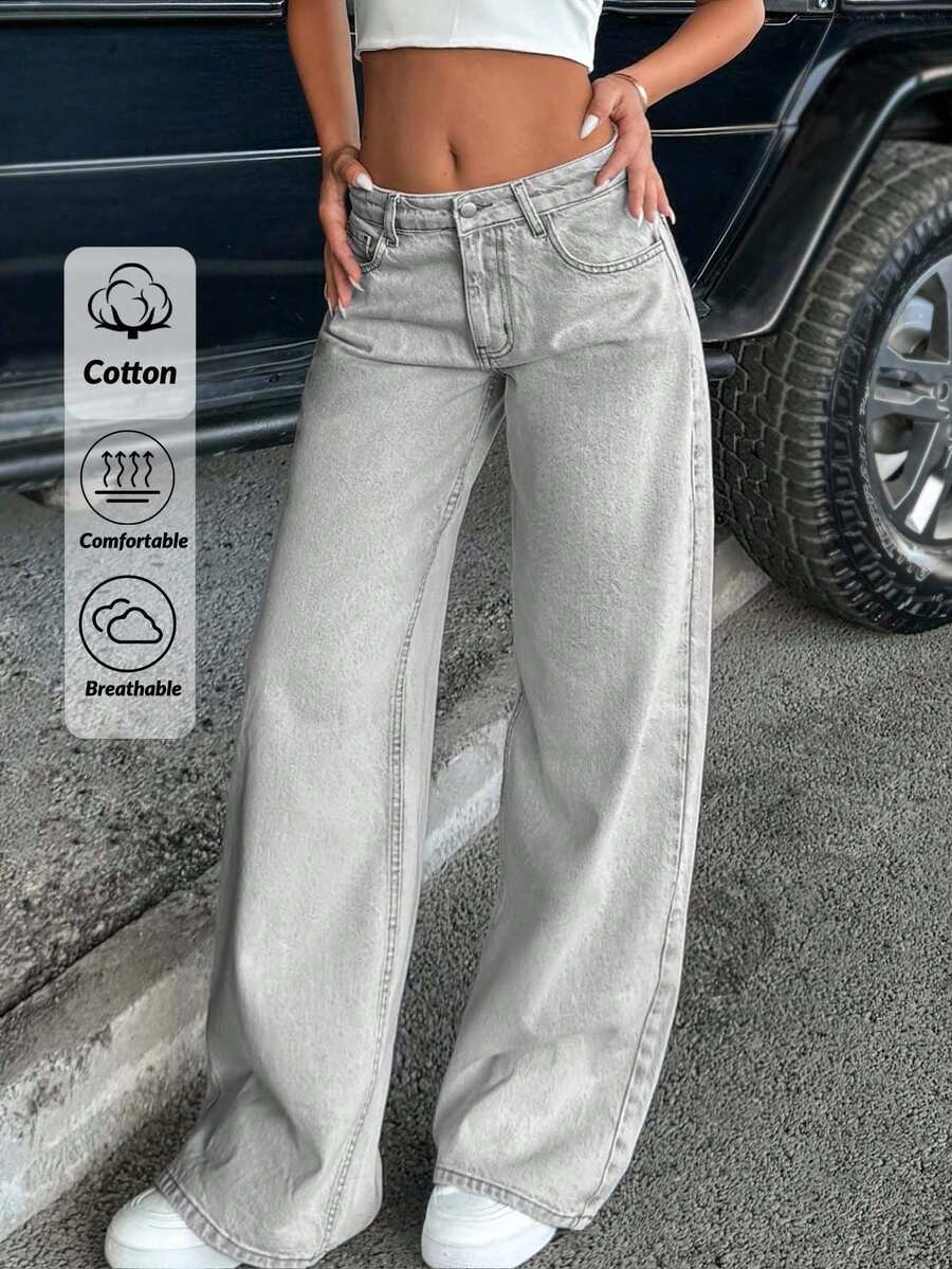SHEIN Tall 休閒水洗復古低腰寬腿牛仔褲 女款寬鬆大廓形牛仔褲 寬腿牛仔褲 寬鬆牛仔褲 高個女性適用 - 淺色水洗藍 - 查看 1