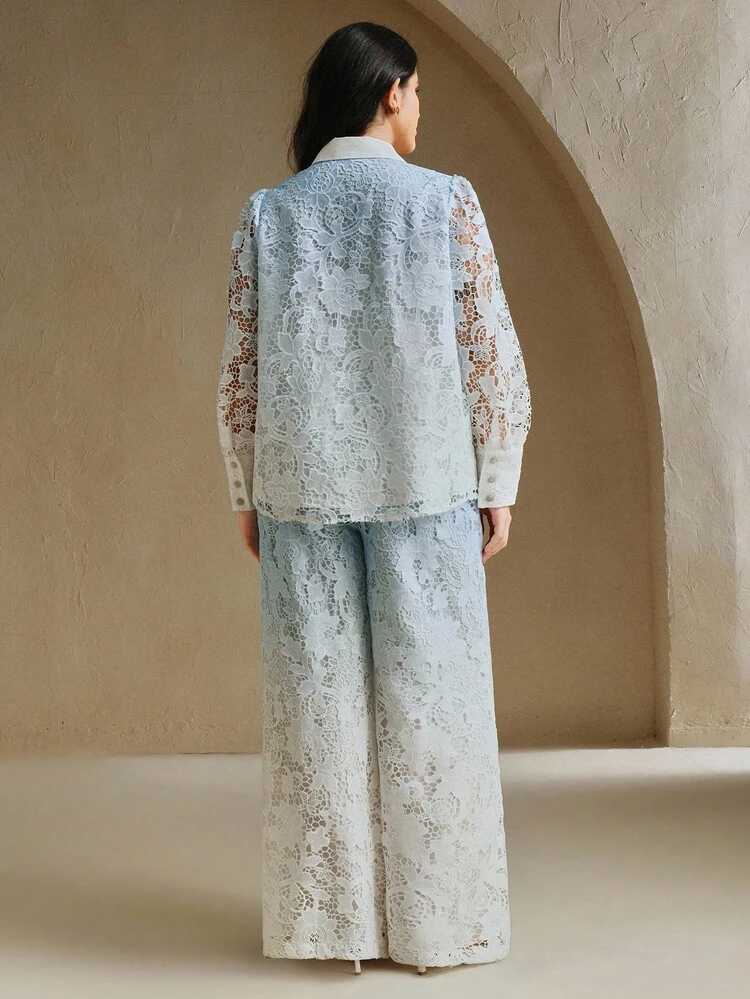 Anewsta Shirt Collar Rhinestone Button Long Sleeve Gradient Color Lace Placement Print Elegant Loose Wide Leg Pants Plus Size Women Set