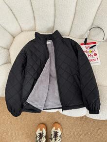 SHEIN Teen Girls Black Casual Thermal Lined Padded Coat,Winter Quilted Collar Zip Up Jacket,Cropped Quilted Jacket For Fall Back-To-School Solid Color - Black - View 4