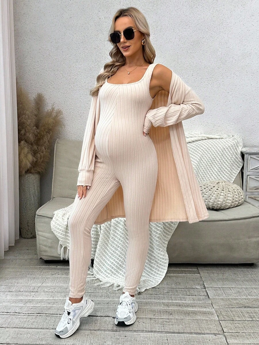 SHEIN Bộ 2 áo liền quần và áo khoác dệt kim gân cho bà bầu - Màu be - Xem 1