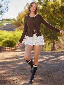 WESTFADE 纹理针织荷叶边长袖修身纽扣上衣，适合秋季、冬季穿着，可搭配纳什维尔乡村音乐会服饰，休闲、可爱、波西米亚风、西部风格服装，女款 - 棕色 - 查看 4