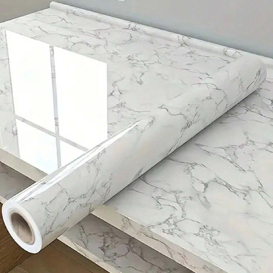 SHEIN 卷式深白色大理石花纹壁纸，大理石壁纸，即撕即贴壁纸，防水，易撕自粘膜墙布，适用于厨房台面浴室 - 白色 - 查看 1