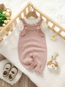 SHEIN 时尚粉色婴儿毛衣连体衣，带荷叶边装饰吊带裤，女童甜美背带裤 - 粉色 - 查看 7