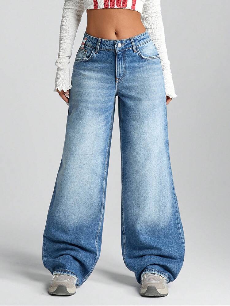 WOMEN WIDE LEG LOW WAIST JEANS Low Rise Jeans Womens Jeans Cotton Jeans Loose Jeans Wide Leg Jeans - Medium Wash - View 3