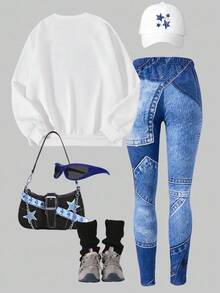 SHEIN Explorewe 2 piezas Conjunto informal y de moda para niñas preadolescentes con sudadera de cuello redondo de manga larga cómoda con estampado de estrellas y pantalones pitillo con efecto de mezclilla, para otoño/invierno - Multicolor - Ver 2