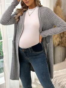 SHEIN Maternity Solid Color Long Sleeve Single-Breasted Ribbed Dual Pocket Casual Thin Jacket - Grey - View 4