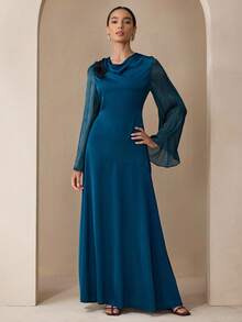 Graceveil Autumn Satin Shiny Patchwork Ruffle Collar Blue 3D Floral Decor Extra Long Dress Autumn Long Sleeve Maxi Dress Fall Cloth For Women - Blue - View 3