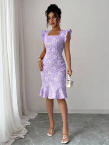 Elenzga Váy đi làm Jacquard thanh lịch, mùa hè - Màu tím - Xem 3