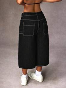 SHEIN EZwear 大码女式口袋宽松阔腿休闲百搭七分牛仔裤 - 黑色 - 查看 2