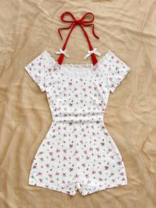 Soleia Women's Retro Red & White Ditsy Floral Lace Trim Splice Contrast Color Halter Jumpsuit With Cute Bow Decor, Ballerina Style Summer Top Summer Spring Valentine's Day Casual Vacation  Beach Wedding Birthday Going Out Elegant Casual Vacation Cute Romper Women Cotton Rompers For Women Women Summer Clothes Set Cherry Outfit Women Two Piece Set Women Short Sleeve - Multicolor - View 6
