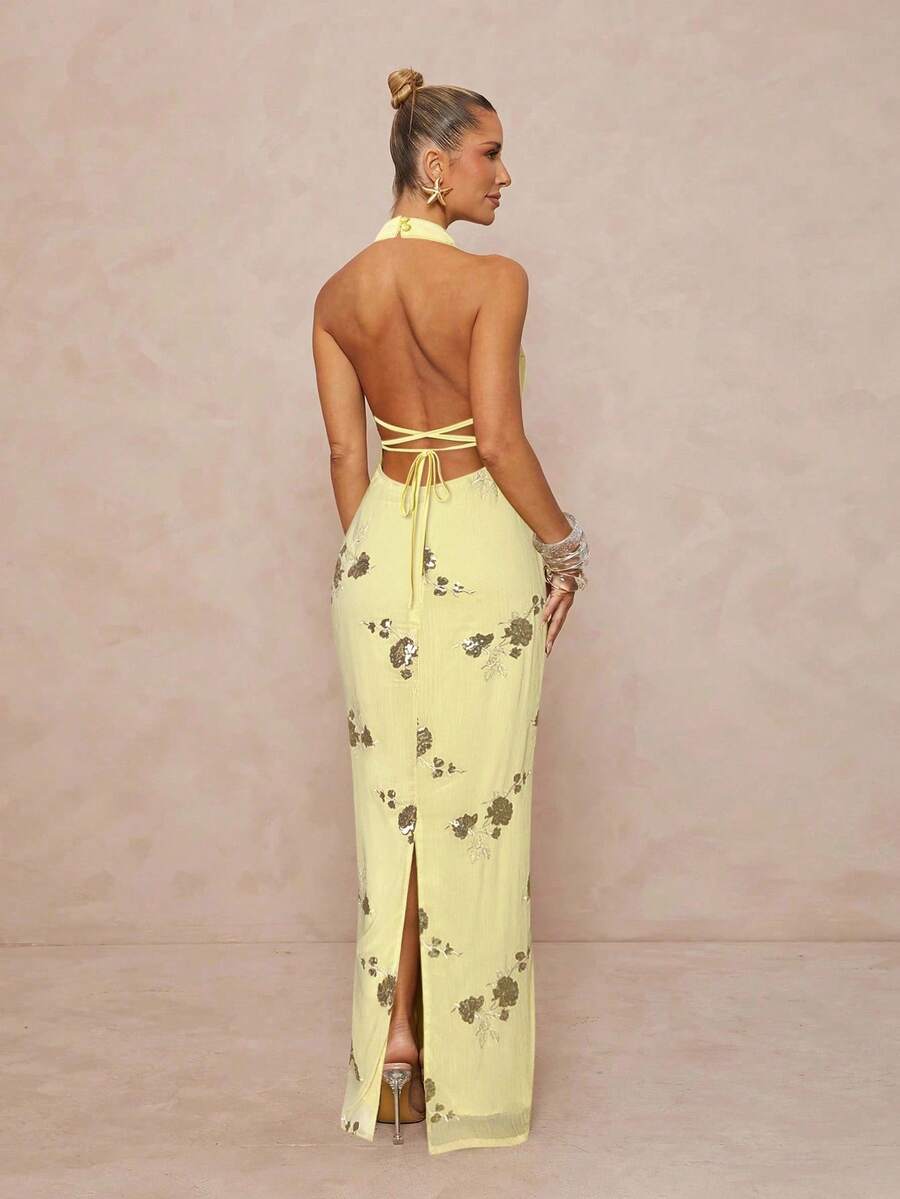 Lumalex 女式亮片刺绣立领腰部修身露背系带开衩连衣裙 - 黃色 - 查看 1