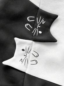 年轻女孩卡通猫咪印花撞色圆领宽松长袖卫衣 - 黑與白 - 查看 3