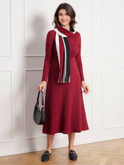 Miaspire Women's Solid Color Round Neck Long Sleeve Casual Dressvalentine Day