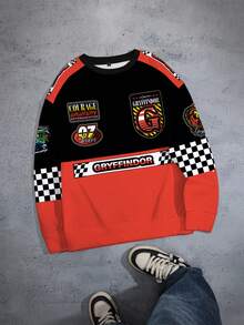 HARRY POTTER X SHEIN 男式彩色块字母和棋盘格图案圆领长袖套头衫