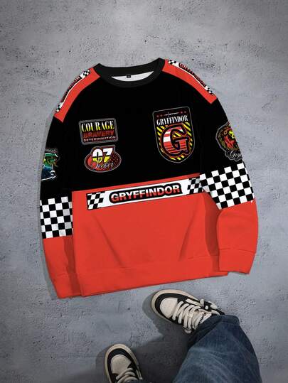 HARRY POTTER X SHEIN 男式彩色块字母和棋盘格图案圆领长袖套头衫