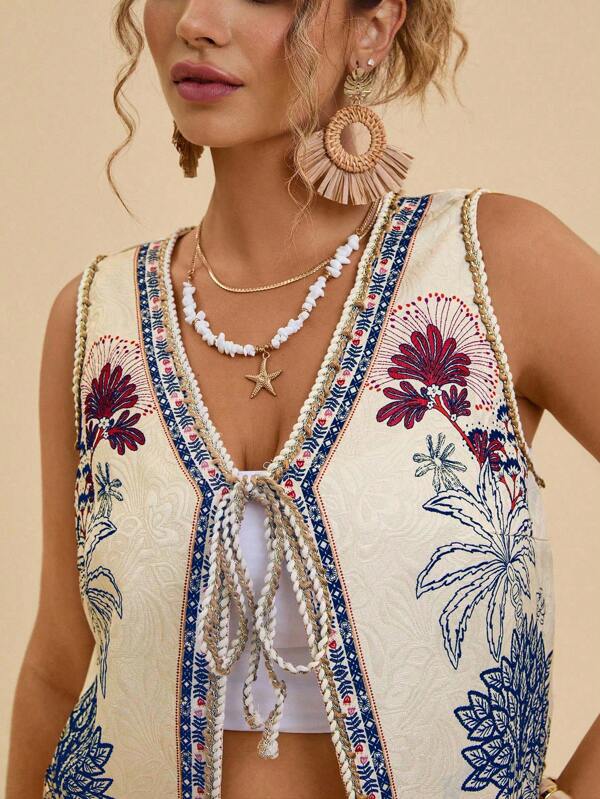 SHEIN VCAY Plus Size Casual Vacation Tropical Plant Hand-Drawn Line Print Tie-Up Loose Women Vest