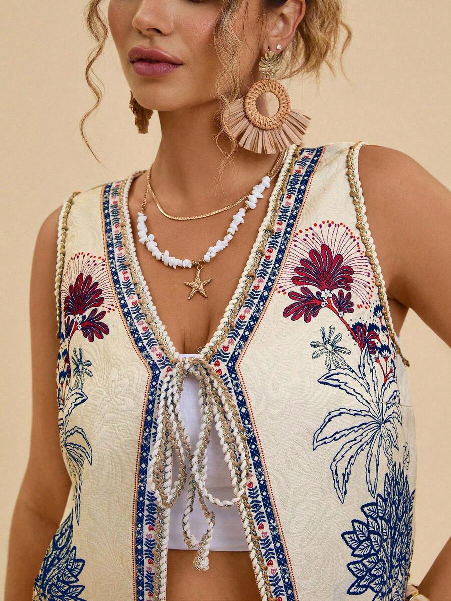 SHEIN VCAY Plus Size Casual Vacation Tropical Plant Hand-Drawn Line Print Tie-Up Loose Women Vest