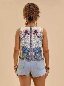 SHEIN VCAY Plus Size Casual Vacation Tropical Plant Hand-Drawn Line Print Tie-Up Loose Women Vest