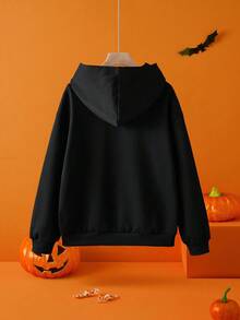 GARFIELD | SHEIN Tween Boy Cute Cartoon & Pumpkin Pattern Loose Fit Black Knit Hooded Sweatshirt For Halloween - Black - View 2