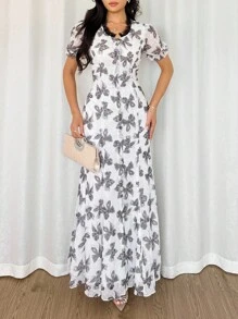Modelyn Women's Fashion Elegant Contrast Lace Bow Button Floral Print Dress - Black and White - View 4