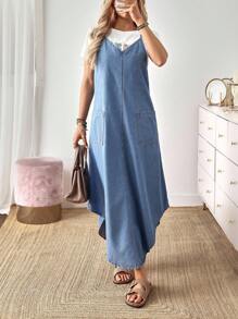 EMERY ROSE Women's Summer Casual Dual Pocket Arc Hem Strap Denim Dresswestern Wear Women/Old Money Style/Bohemian - Blue - View 1