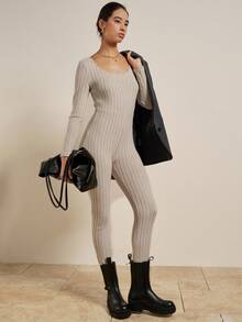 INAWLY Mono de punto ajustado de manga larga y unicolor casual para mujer