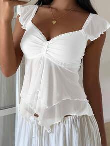 SHEIN EZwear 女式夏季褶饰网眼泡泡袖衬衫 - 白色 - 查看 6