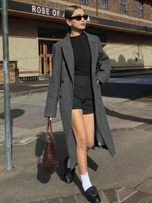 DAZY 女士休闲翻领长袖双排扣大衣，秋冬 - 深灰色 - 查看 4