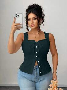 SHEIN Clasi Top casual de culoare solidă cu nasturi în față, mărime plus, topuri de vară pentru femei, topuri cu corset pentru femei, topuri de vară, topuri curbate, topuri la modă - Verde - Vizualizare 4