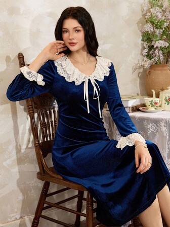 Côtesoire Women's French Elegant Romantic Contrast Color Lace Ruffle Sleep Dress, Fall Winter, Cozy